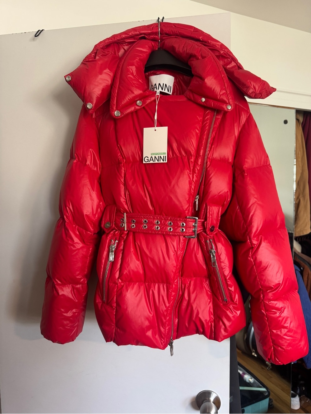 NWT GANNI Red Quilted Belted Puffer Jacket with Removable Hood